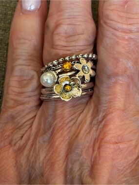 Silver Tone Stackable Flower Pearl Yellow Rhinestone Ring Set - Sizes 6 and 9